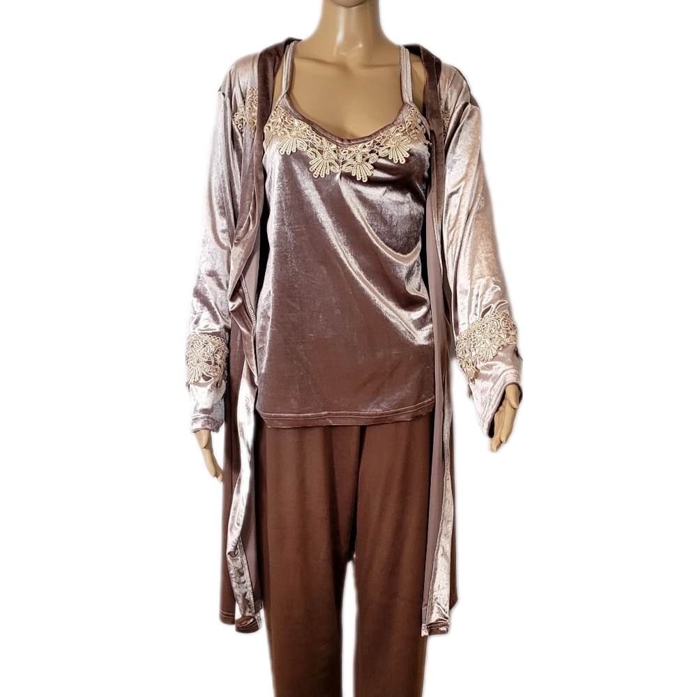Celine Style 3 Pieces Pajamas ,Sleepwear Robe Velvet, Cream